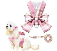 UETZLTB Cute Dog Harness and Leash Set with Bow Tie Soft Mesh Plaid Girl Puppy Harness No Pull Pet Cat Dog Vest Harness for Small Dogs Chihuahua Rabbit Outfit (Pink,M)