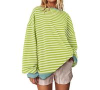 UEU Women Oversized Striped Crewneck Sweatshirt Long Sleeve Color Block Pullover Tops Casual Loose Workout Shirt, Green Apricot, XL