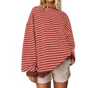 UEU Women Oversized Striped Crewneck Sweatshirt Long Sleeve Color Block Pullover Tops Casual Loose Workout Shirt, Orange Coffee Stripe, Medium