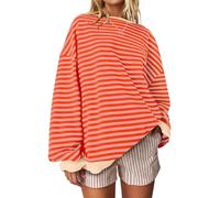 UEU Women Oversized Striped Crewneck Sweatshirt Long Sleeve Color Block Pullover Tops Casual Loose Workout Shirt, Orange Pink Stripe, XXL