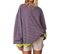 UEU Women Oversized Striped Crewneck Sweatshirt Long Sleeve Color Block Pullover Tops Casual Loose Workout Shirt, Pink Green Stripe, Large