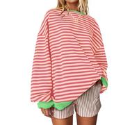 UEU Women Oversized Striped Crewneck Sweatshirt Long Sleeve Color Block Pullover Tops Casual Loose Workout Shirt, Pink Apricot Stripe, S