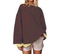 UEU Women Oversized Striped Crewneck Sweatshirt Long Sleeve Color Block Pullover Tops Casual Loose Workout Shirt, Coffee Navy Striped, XXL