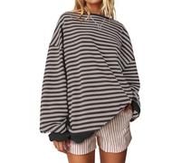UEU Women's Oversized Striped Crew Neck Sweatshirt Long Sleeve Colour Block Pullover Tops Casual Loose Workout Shirt, striped grey, L