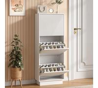 UEV Slim Shoe Cabinet with 3 Flip Drawers, Carved Line Fronts, Narrow Storage Unit with Anti-Tip Design for Hallway, Living Room or Bedroom, White