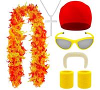 Ueyben Wrestler Costume Accessories, Fake Beard Mustaches with Red Bandana Wristbands Sunglasses Cross Necklace for Adult Women Men Cosplay Party (Feather)