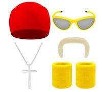 Ueyben Wrestler Costume Accessories, Fake Beard Mustaches with Red Bandana Wristbands Sunglasses Cross Necklace for Adult Women Men Cosplay Party (Cross)