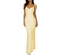 UEZOU 2025 Satin Cowl Neck Spaghetti Strap Slip Maxi Dress for Women Tie Strap Formal Wedding Guest Dresses with Slit, Yellow, L