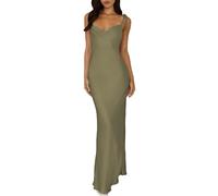 UEZOU 2025 Satin Cowl Neck Spaghetti Strap Slip Maxi Dress for Women Tie Strap Formal Wedding Guest Dresses with Slit, Olive, L