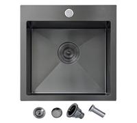 UFaucet 15x15 Drop In Bar Sink Black,15 Inch Square Gunmetal Black Wet Bar RV Laundry Utility Outdoor Prep Small Sink, Topmount 18 Gauge Stainless Steel Single Bowl with Drain