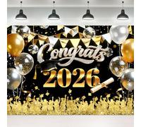 Ufeela 2026 Graduation Backdrop Congrats Grad Banner 7Wx5H Feet Class of 2026 Disco Black and Gold Balloons Student Teacher Fabric Polyester Photography Background Photo Shoot Decor Prop