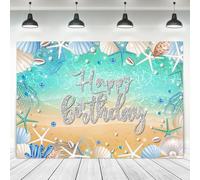 Ufeela Beach Ocean Backdrop 7Wx5H Feet Fabric Polyester Summer Happy Birthday Coastal Beachy Sea Blue Starfish Seashell Mermaid Diamonds Pearl Photography Background Banner Photo Shoot Decor Prop