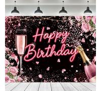 Ufeela Black Pink Happy Birthday Backdrop 7Wx5H Feet Fabric Polyester Rose Champagne Tapestry Floral Flower Modern Luxury Shining Elegant Photography Background Banner Photo Shoot Decor Prop