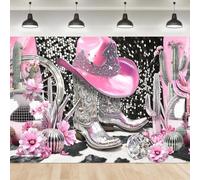 Ufeela Cowgirl Backdrop 5Wx3H Feet Fabric Polyester Disco Let's Go Girl Birthday Western Glitter Diomand Pink Sliver Boots Cool Girly Retro Vintage Photography Background Banner Photo Shoot Decor Prop