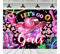 Ufeela Cowgirl Backdrop 7Wx5H Feet Fabric Polyester Hot Pink Disco Let's Go Neon Mustic Western Cow Print Rustic Cactus Hat Boots Diomand Girly Photography Background Banner Photo Shoot Decor Prop