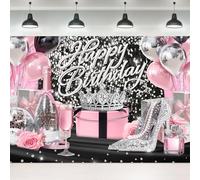 Ufeela Disco Happy Birthday Backdrop 7Wx5H Feet Fabric Polyester Silver Pink Vintage Retro Diamond Balloon High-Heeled Girls Bday Sliver Girly Photography Background Banner Photo Shoot Decor Prop