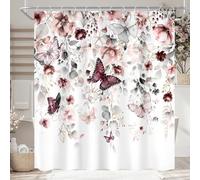 Ufeela Grey Pink Floral Butterfly Spring Summer Bathroom Shower Curtain Set | 72"W x 72"L Plant Natural design with waterproof HD artwork, quick-dry fabric and hooks for easy hanging.