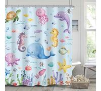 Ufeela Kids Ocean Fish Shower Curtain 60Wx72H Inch Underwater Cartoon Animal Sealife Cute Marine Corals for Bathroom Decor Sets Fabric Waterproof Polyester Decorative Accessories with 12 Pack Hooks