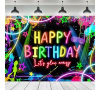 Ufeela Neon Birthday Glow Party Backdrop 7Wx5H Feet Fabric Polyester Glow in The Dark Let's Glow Crazy Theme Colorful Star Graffiti Splash Cool Photography Background Banner Photo Shoot Decor Prop