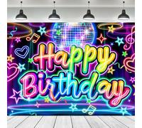 Ufeela Neon Happy Birthday Backdrop 7Wx5H Feet Fabric Polyester Funny Brick Wall Colorful Graffiti Fireworks Glow in The Dark Painting Cool Modern Photography Background Banner Photo Shoot Decor Prop