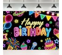 Ufeela Neon Happy Birthday Backdrop 7Wx5H Feet Fabric Polyester Glow in The Dark Colorful Stars Balloons Retro Kids Teens Modern Fireworks Cakes Photography Background Banner Photo Shoot Decor Prop