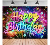 Ufeela Neon Happy Birthday Backdrop 7Wx5H Feet Fabric Polyester Glow in The Dark Funny Brick Wall Colorful Graffiti Fireworks Splatter Modern Cool Photography Background Banner Photo Shoot Decor Prop