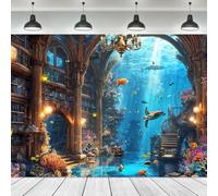 Ufeela Ocean Backdrop 7Wx5H Feet Fabric Polyester Beach Underwater Sea Summer Book Bookshelf Fish Turtle Coral Magical Wonderful Mermaid Photography Background Banner Photo Shoot Decor Prop