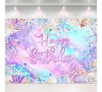 Ufeela Ocean Backdrop 7Wx5H Feet Fabric Polyester Happy Birthday Beach Sea Summer Starfish Seashell Diamonds Pearl Coral Mermaid Girly Photography Background Banner Photo Shoot Decor Prop