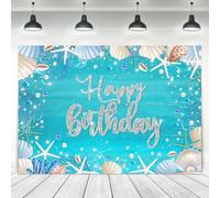 Ufeela Ocean Birthday Backdrop 5Wx3H Feet Fabric Polyester Blue Sea Summer Happy Birthday Diamonds Pearl Starfish Seashell Underwater Mermaid Photography Background Banner Photo Shoot Decor Prop