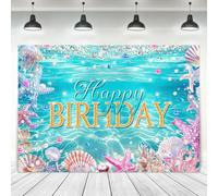 Ufeela Ocean Birthday Backdrop 7Wx5H Feet Fabric Polyester Underwater Sea Happy Birthday Banner Blue Starfish Shells Coral Plant Cute Kids Cartoon Photography Background Banner Photo Shoot Decor Prop