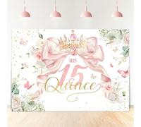 Ufeela Quinceanera Birthday Backdrop 7Wx5H Feet Fabric Polyester Girls Mis Quince 15th Birthday Backdrop Pink Bow Coquette Floral Spring Princess Photography Background Banner Photo Shoot Decor Prop