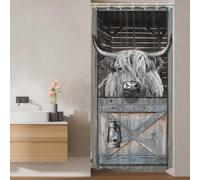 Ufeela Small Stall Highland Cow Shower Curtain 36Wx72L Inch Rv Half Rustic Grey Western Farmhouse Bull Wooden Barn Door Farm Animal Bathroom Set Country Bath Curtain Bathtub Accessories Home Decor