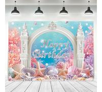 Ufeela Under The Sea Backdrop 7Wx5H Feet Fabric Polyester Underwater Ocean Wonderland Castle Coral Shell Starfish Girl Princess Diamonds Pearl Photography Background Banner Photo Shoot Decor Prop