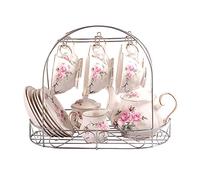 ufengke 15 Piece European Bone China Service Coffee Set Wiht Metal Holder,Pink Camellia Printing Vintage Floral Tea Set,For Wedding And Household