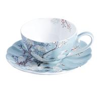 ufengke 8oz Blue Fine Bone China Coffee Cup with Saucer,Colored Flowers,White Crane Porcelain Tea Cup and Saucer