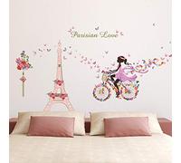 ufengke Girl Bicycle Wall Stickers Flowers Eiffel Tower Wall Decals Mural for Kids Bedroom Living Room