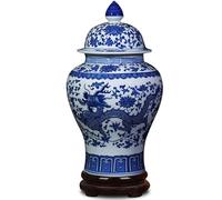 ufengke Jingdezhen Classic Blue and White Porcelain Dragon Temple Ceramic Ginger Jar Vase,China Ming Style,Height 15"(38cm)