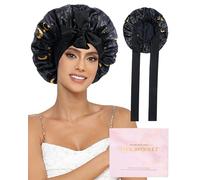 Ufgin 100% Mulberry Silk Bonnet for Sleeping Women Double Layer Silk Hair Bonnet Natural Sleep Cap with Elastic（Black + Moon）