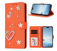 Ufgoszvp for iPhone 17 Pro Max Case, Glitter Love PU Leather Gems Bling Diamond Buckle Shock-Absorption Slim Flip Folio Wallet Phone Case with Card Holder Kickstand Magnetic Closure orange
