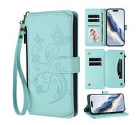 Ufgoszvp for Xiaomi Redmi 9A Case PU Leather Embossed Buttrefly Flower Shockproof Zipper Flip Wallet Phone Case Magnetic Closure Viewing Stand Notebook Bumper Cover with Card Holder Light Green