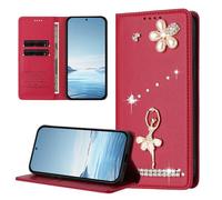 Ufgoszvp Glitter Angle Case for Samsung Galaxy A06, PU Leather Handmade Bling Sparkly Diamonds Gems Wallet Phone Cases Protective Cover with Stand Card Slots Magnetic for Samsung Galaxy A06 wine red