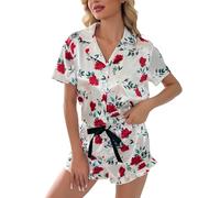UFinetech Women’s Satin Pyjama Set - Soft 2-Piece Short Sleeve Summer Sleepwear with Button-Up Top, Drawstring Shorts and Ruffle Hem