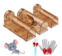 UFLIX 3pcs Humane Mouse Traps, Reusable Mouse Trap for Indoors and Outdoors With Cage Brush, Rodent Trap High Sensitive No Kill (Brown), H1234
