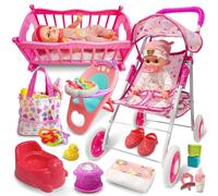 UFLJPKS Dolls Toys Set with Stroller, Crib and Dining Chair, Realistic Pretend Play Accessories, Doll Care Toys Set for Toddler Girls