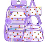 UFNDC 3PCS Clear Backpack Heavy Duty, See Through School Bag for Girls, Transparent Bookbag for Women, Purple Strawberry Clear Backpack Set, One Size, Purple Strawberry Clear Backpack Set