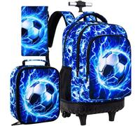 UFNDC 3PCS Rolling Backpack for Men, Adults Lightning Football Backpacks with Wheels for Boys,Travel Roller Wheeled Bookbag, New UV Printing Lightning Football, One Size