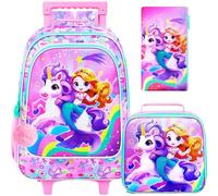 UFNDC 4PCS Girls Rolling Bookbag, Cute Kids Wheeled Bookbag,Pink Mermaid Unicorn Roller School Bag with Wheels for Elementary Preschool Travel, Uv Printing Mermaid Unicorn Rolling Backpack, One Size,