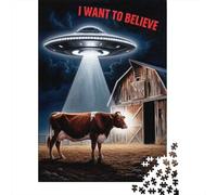 UFO Abducting Cow 1000-Piece Puzzle for Adults, 70x50cm/1000pcs, to Complete Gradually over A Weekend; White Cardboard with Reduced Dust