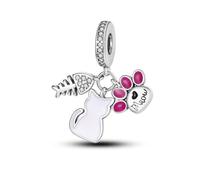 UFO Alien Evil Eye Hamsa Lucky Love Heart Elephant Dog Cat Charm Bead Pendant 925 Sterling Silver Compatible With Pandora Charm Moments Bracelet (Meow Paw Fish Cat Love Heart Kitten)