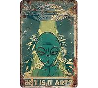 UFO Alien Smoking Weed Metal Sign - Vintage Tin Wall Art, 16x12 Inch - Stoner, Hippie & Pub Bar Decor for Home, Coffee Shop, Restaurant, or Club